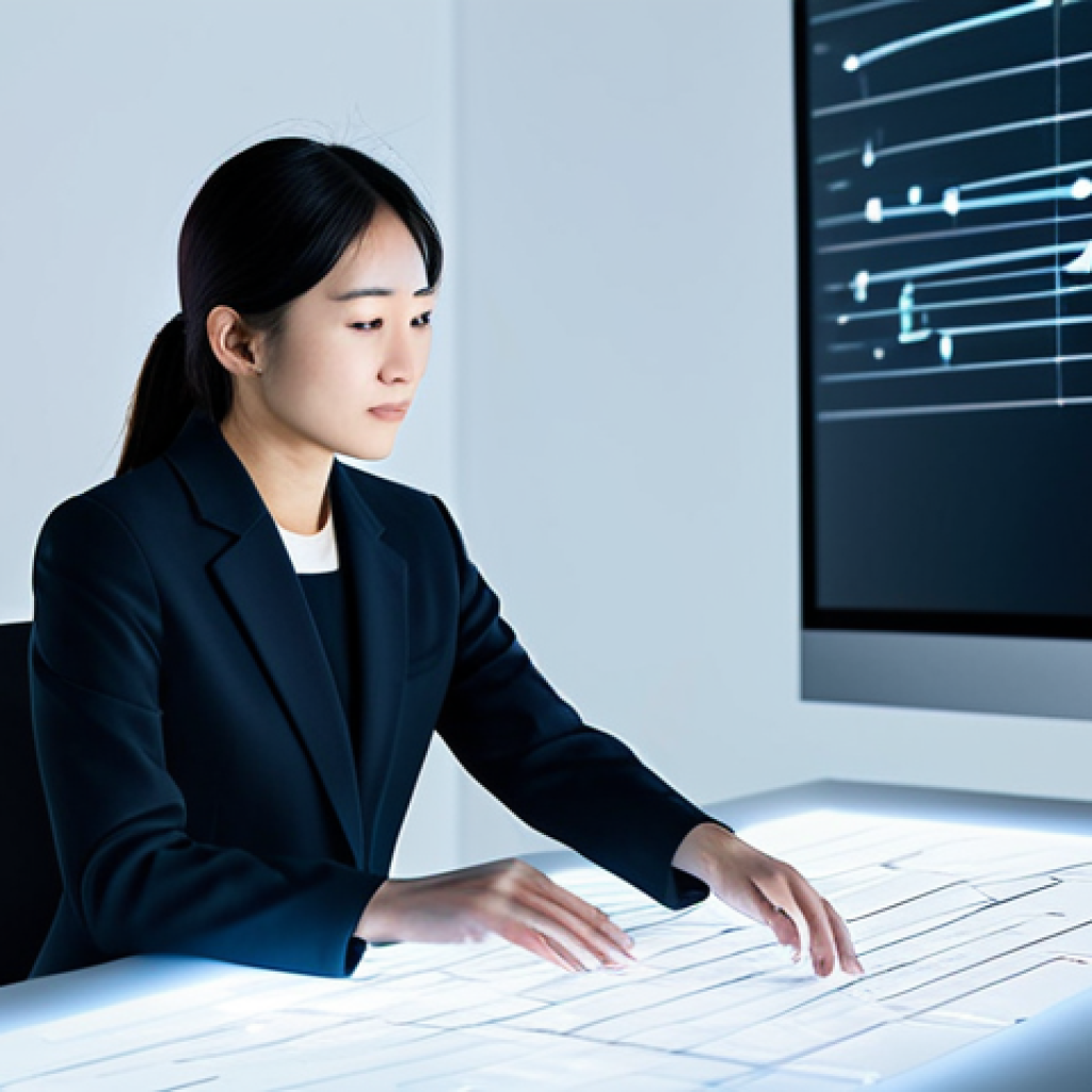 A professional Japanese female creative, an adult, in modest, contemporary business attire, fully clothed, sits at a sleek, minimalist desk in a modern, bright studio. She is thoughtfully interacting with a glowing holographic display that projects abstract data patterns and various creative concepts like digital art sketches, music notes, and text fragments, symbolizing her collaboration with AI. Her hands are gently poised near the projection. The background features soft, blurred lines of light, representing digital flow and innovation. This image should have perfect anatomy, correct proportions, well-formed hands, proper finger count, and a natural pose. safe for work, appropriate content, fully clothed, professional, modest, family-friendly.