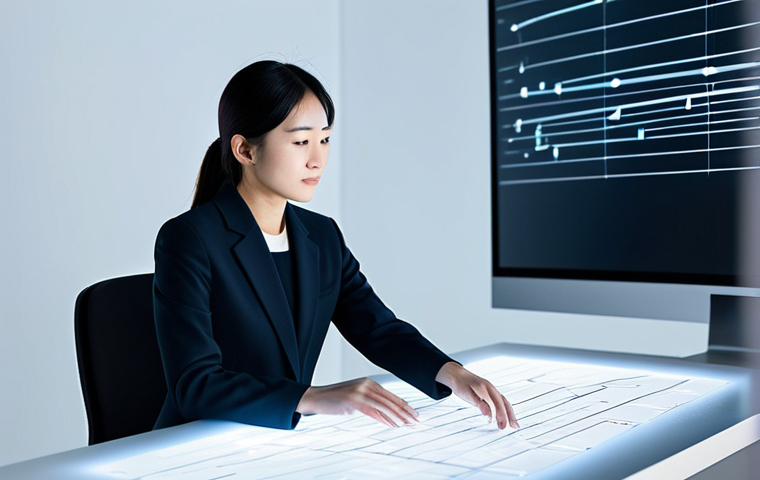 A professional Japanese female creative, an adult, in modest, contemporary business attire, fully clothed, sits at a sleek, minimalist desk in a modern, bright studio. She is thoughtfully interacting with a glowing holographic display that projects abstract data patterns and various creative concepts like digital art sketches, music notes, and text fragments, symbolizing her collaboration with AI. Her hands are gently poised near the projection. The background features soft, blurred lines of light, representing digital flow and innovation. This image should have perfect anatomy, correct proportions, well-formed hands, proper finger count, and a natural pose. safe for work, appropriate content, fully clothed, professional, modest, family-friendly.