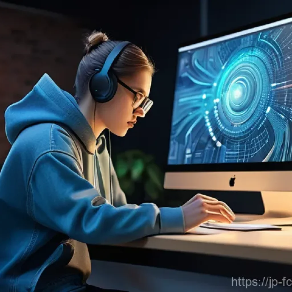 미래 크리에이터의 지속 가능성 - **Prompt:** A vibrant digital painting of a young, gender-neutral creator (wearing a stylish, comfor...