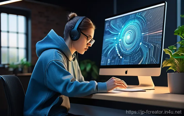 미래 크리에이터의 지속 가능성 - **Prompt:** A vibrant digital painting of a young, gender-neutral creator (wearing a stylish, comfor...