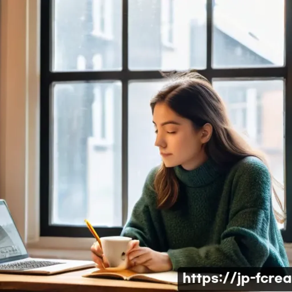 크리에이터로서의 자기 브랜딩 - **Prompt:** A young adult female creator, in her late 20s, with a warm and contemplative expression....