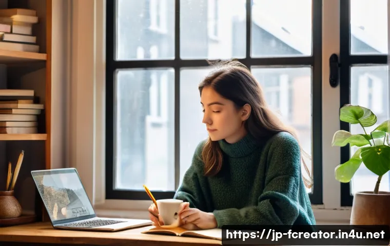 크리에이터로서의 자기 브랜딩 - **Prompt:** A young adult female creator, in her late 20s, with a warm and contemplative expression....